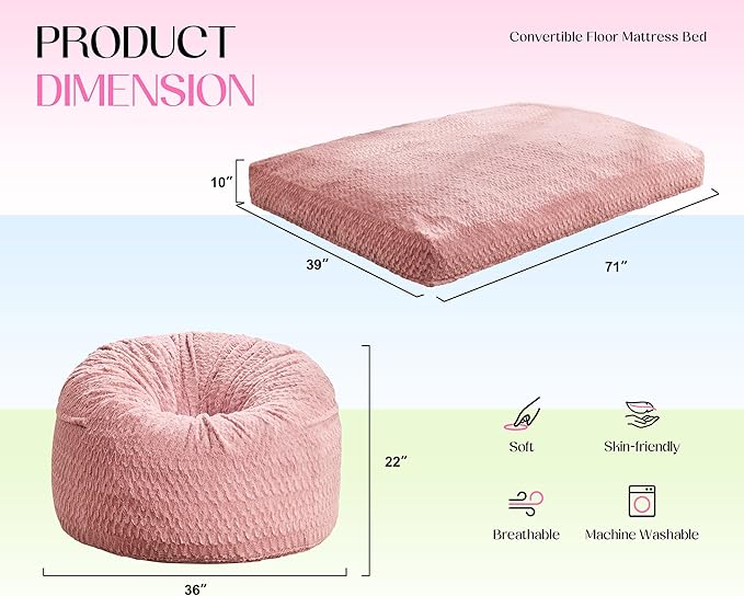 Hobestluk Bean Bag Chair Convertible Beanbag Chairs for Adults, 3 in 1 Bean Bags with Plush Chevron Cover, Adult Bean Bag Chair for Living Room, Bedroom (Pink, Twin)