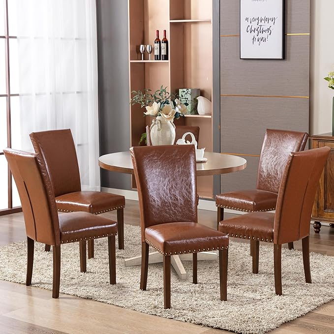 COLAMY Upholstered Parsons Dining Chairs Set of 2, PU Leather Dining Room Kitchen Side Chair with Nailhead Trim and Wood Legs - Light Brown