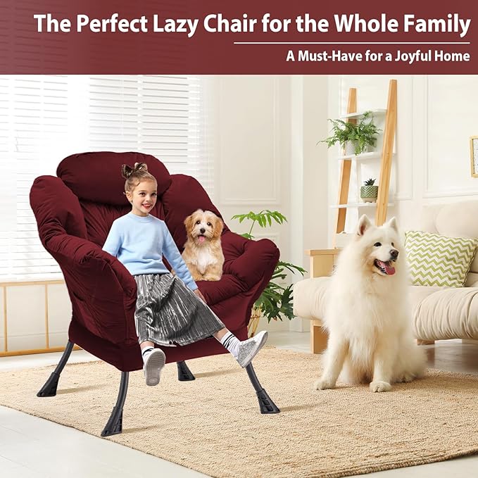 Lazy Chair Thick Padded, Comfy Velvet Accent Lounge Chair with Stable Frame, Leisure Sofa Armchair with Armrests and Side Pocket, Reading Chair for Bedroom, Living Room, Office, Burgundy