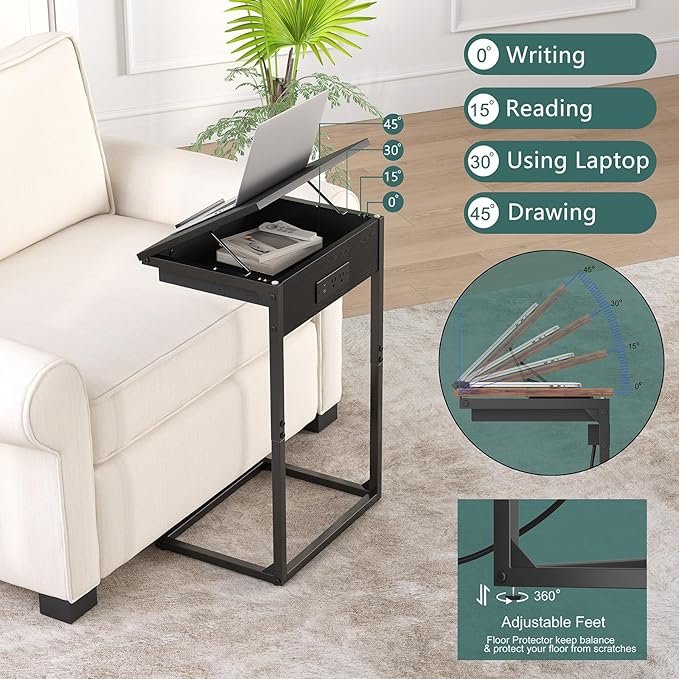 C Shaped End Table with Charging Station, 45° Tiltable Adjustable Flip Top Side Table with Storage,Small C Table for Small Spaces,Slide Under Couch Sofa Bedside Table for Living Room, Black