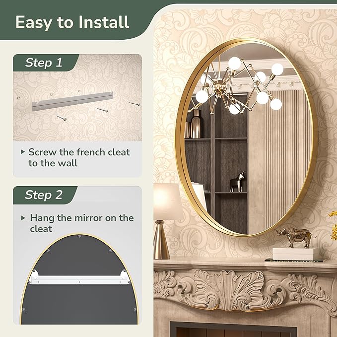 TokeShimi Gold Oval Wall Bathroom Mirror 22x30 Inch with Non-Rusting Aluminum Alloy Brushed Matte Framed Bathroom Mirror for Wall Vanity Farmhouse Modern Minimalist Home Decor or Horizontal