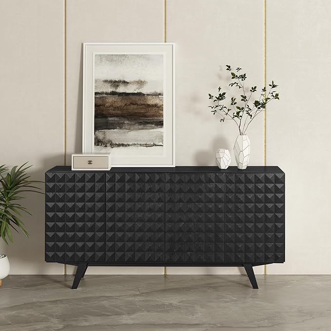 NTC Sapa Mid-Century Modern Solid Wood Sideboard – 4-Door Accent Buffet Cabinet with Carved Geometric Fronts, for Living Room, Dining Room, or Entryway, Effortless Assembly, Burnt Black