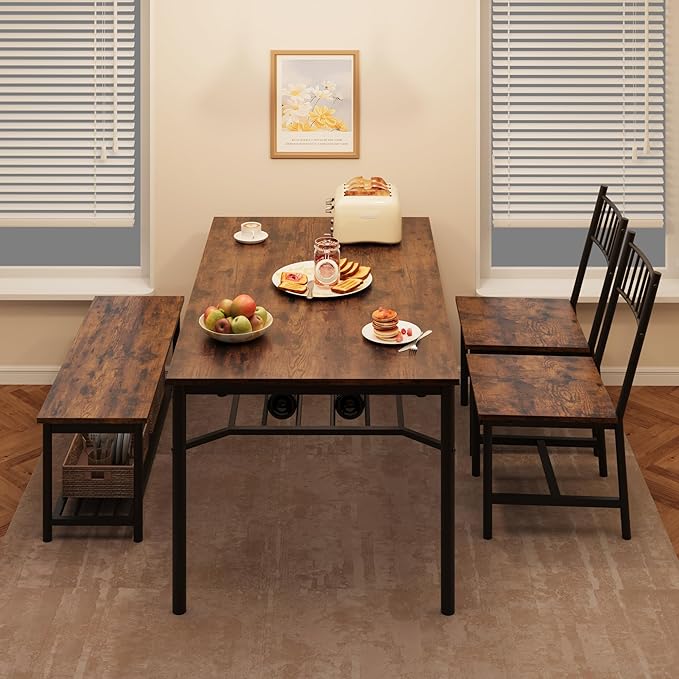 Dining Table Set for 4, Kitchen Table for 4 with Bench and 2 Chairs, 4-Piece Dining Table Set for Apartment, Small Space, Brown
