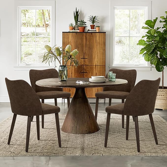 COLAMY Upholstered Dining Chairs Set of 6, Modern PU Leather Dining Room Kitchen Side Chair with Padded Seat and Wood Legs Restaurant/Cafe, Dark Brown