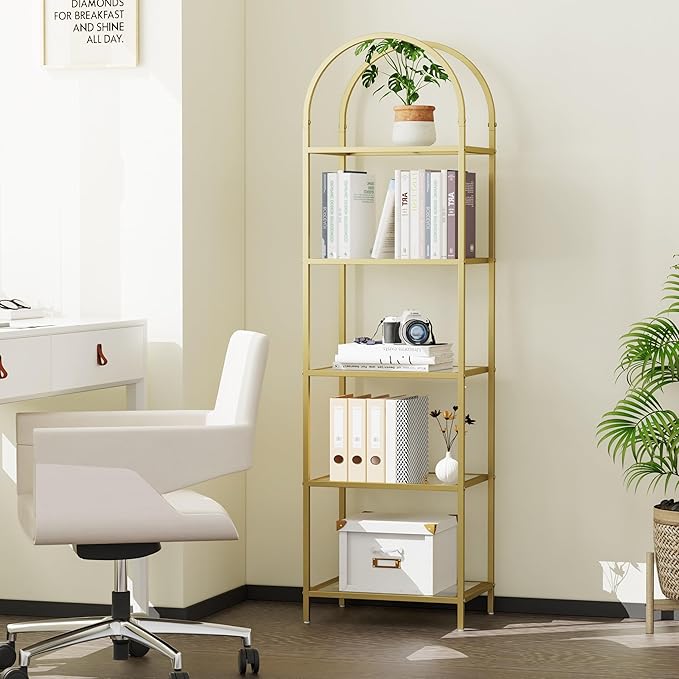 Homhedy Bookshelf Arched Display Racks,Metal Bookcase,Tempered Glass Shelves,Storage Rack Shelf for Home Office,Living Room,Bedroom, Bathroom,Modern Style (Golden, 11.8" D x 13.8" W x 57.1" H)