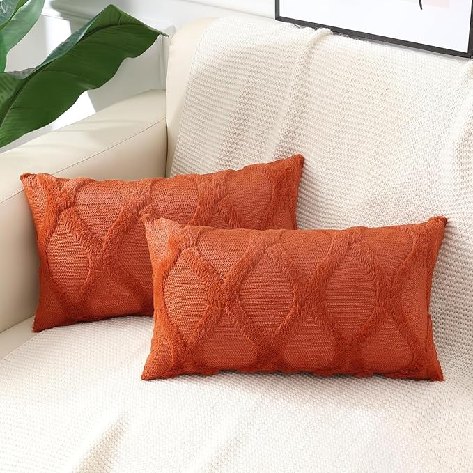 decorUhome Fall Throw Pillow Covers 12x20 Inch Set of 2, Soft Plush Faux Fur Wool Lumbar Rust Couch Pillow Covers, Decorative Neutral Pillow Cases for Bed Sofa Living Room Home Decor
