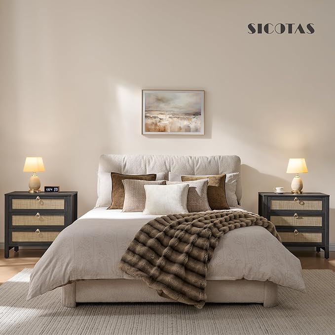 SICOTAS Night Stand with Drawers, Large Rattan Bedside Table with Golden Handle, 3 Drawers Nightstand Tall End Table Side Table Boho Nightstand for Bedroom