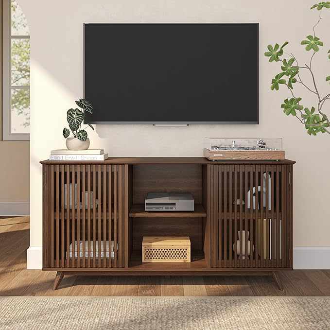 Plank+Beam Mid-Century Modern Wood TV Stand, Solid Wood Entertainment Console with Storage, 59" L x 16" W x 30" H, Walnut
