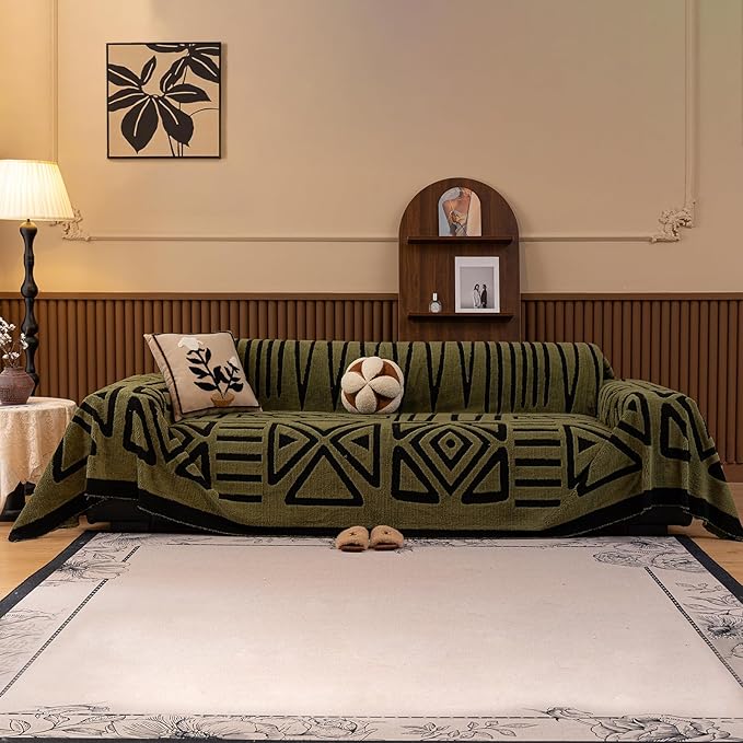 HANDONTIME Olive Green Sofa Covers for Sectional Sofa Boho Couch Cover for Dogs Christmas Green Throw Couch Cover Shu Velveteen Black Loveseat Covers Short Plush L Shaped Cover Washable, 71" X150"