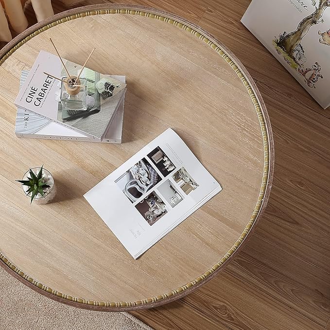 Wnutrees Farmhouse Round Coffee Table, Wood Tray Top Circle Coffee Table with Storage Shelf Rustic Style for Living Room and Vintage Finish, White