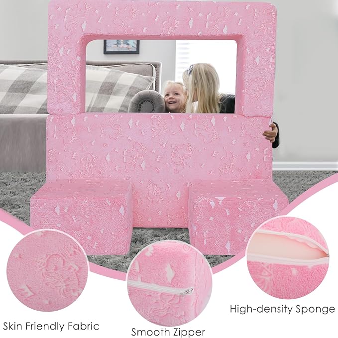 MeMoreCool Glow-in-The-Dark Unicorn Kids Modular Play Couch Sofa – Convertible Fold-Out Plush Foam Toddler Chair for Children’s Playroom