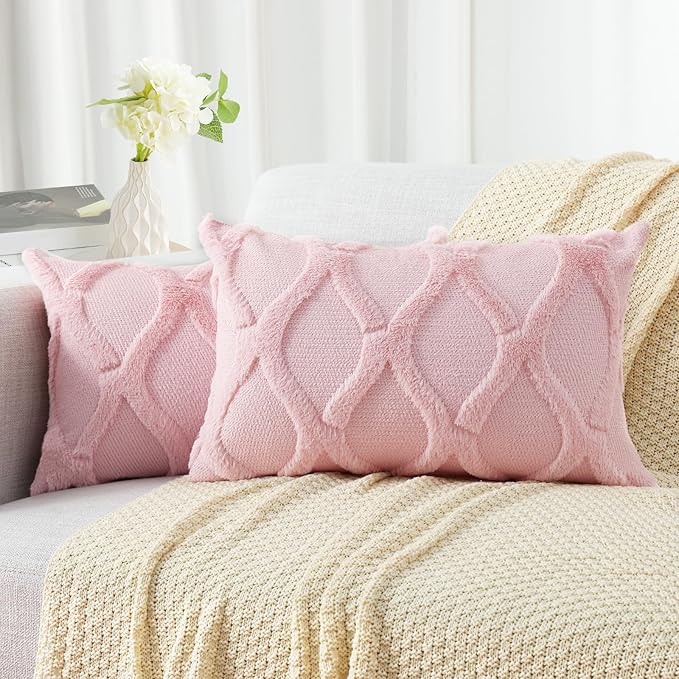 decorUhome Throw Pillow Covers 12x20 Inch Set of 2, Soft Plush Faux Fur Wool Lumbar Light Pink Couch Pillow Covers, Decorative Neutral Pillow Cases for Bed Sofa Living Room Home Decor