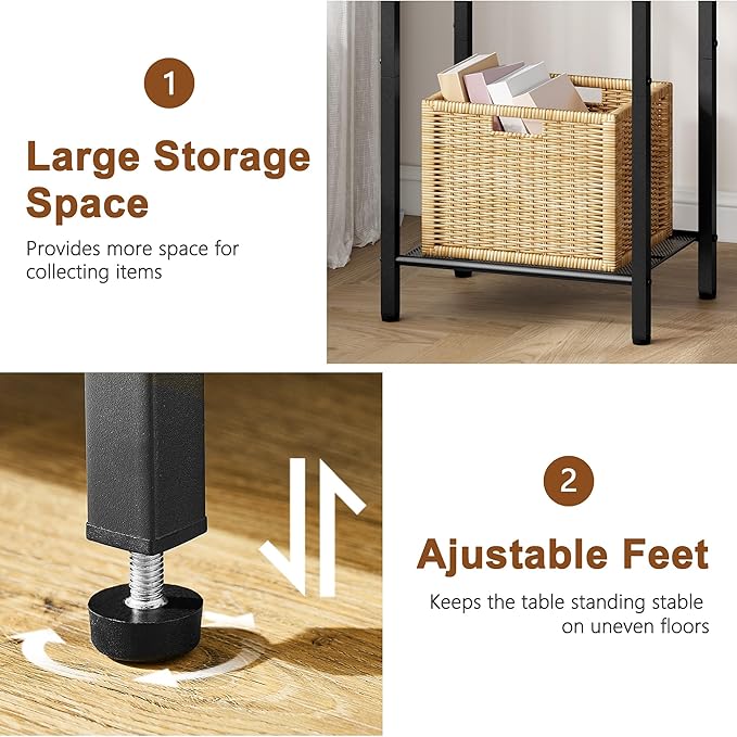 Hoctieon 2-Set 3 Tier End Table, Telephone Table Set of 2, Tall Side Table with Storage Set of 2, Small Nightstand for Small Spaces, Metal Frame, for Living Room, Bedroom, Sofa Couch, Rustic Brown