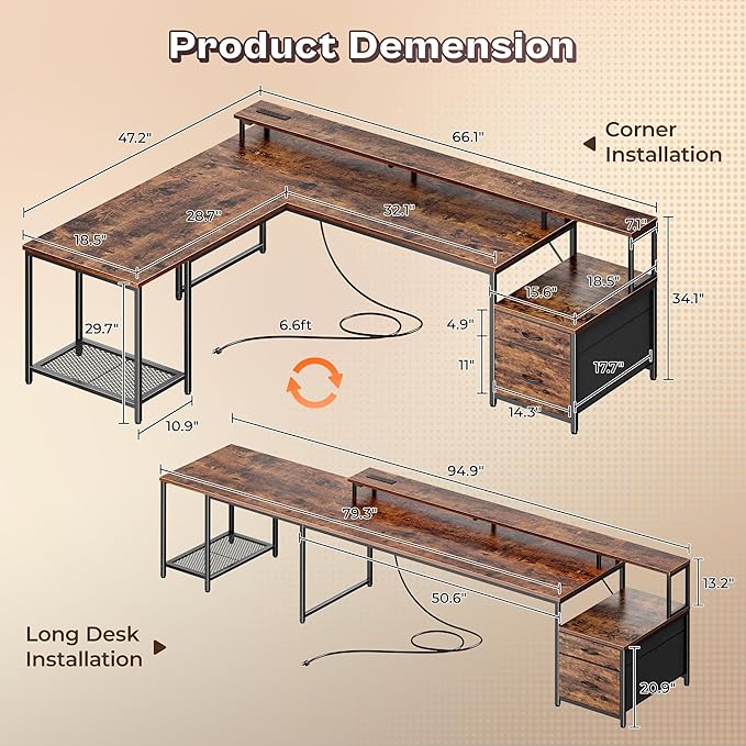 PRAISUN 66 Inch L Shaped Computer Desk with Power Outlets and LED Lights, Home Office Desk with Fabric Drawers and Print Stand, L Shape or Long Set up, Monitor Stand, Mesh CPU Stand, Rustic Brown