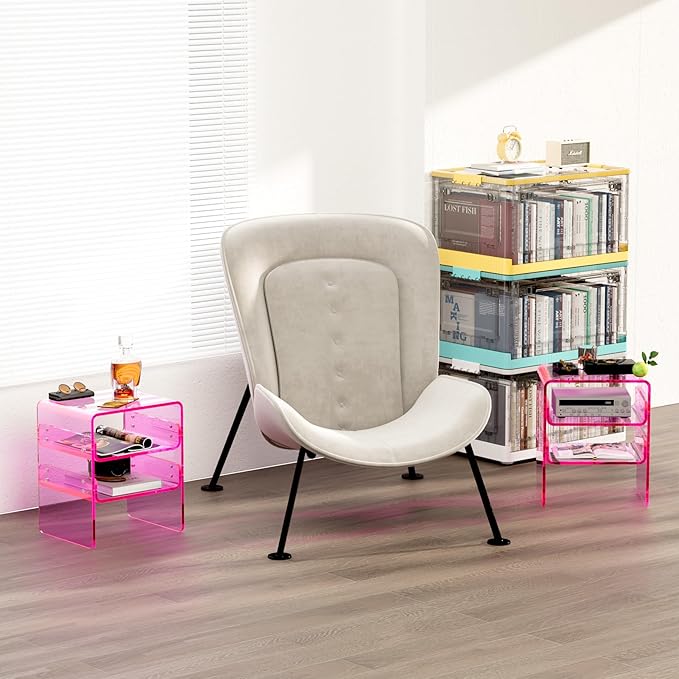 Clear Acrylic 3-Tier End Table/Nightstand – Sleek Bedside Storage with Durable Design, Perfect for Bedrooms, Living Rooms, or Modern Interiors – Ideal as a Bedside Table or Sofa Side Piece (Pink)
