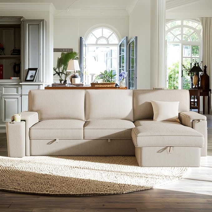 96.1 Inch L-Shaped Convertible Sectional Sleeper Sofa with Pull Out Bed, Storage Bags and 2 Hidden Cup Holders on Arms, Upholstered Corner Couch for Living Room Office Apartment, Beige