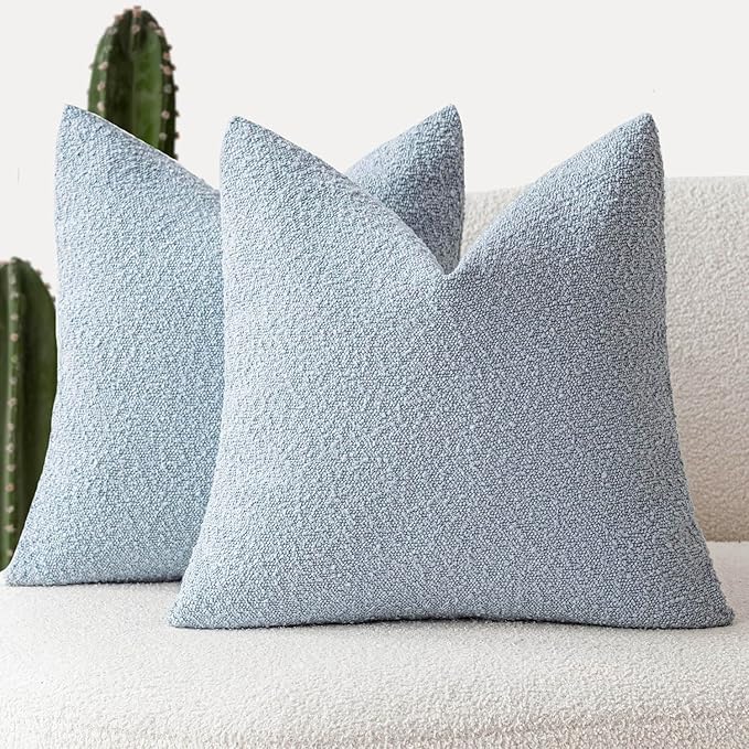 Foindtower Set of 2, Decorative Textured Boucle Throw Pillow Covers Accent Solid Pillow Cases Neutral Soft Cozy Couch Cushion Case for Chair Sofa Bedroom Living Room Home Decor 26 x 26 Inch Light Blue