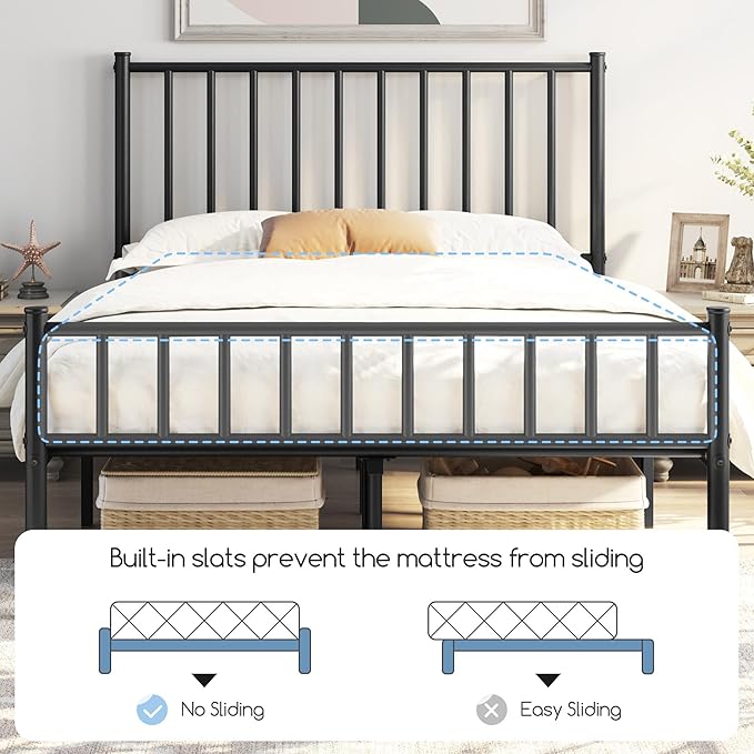 Yaheetech 14 Inch Full Size Bed Frame Metal Platform Bed with Spindle Headboard Footboard/Mattress Foundation/No Box Spring Needed/Underbed Storage Space/Steel Slat Support/Easy Set up, Black