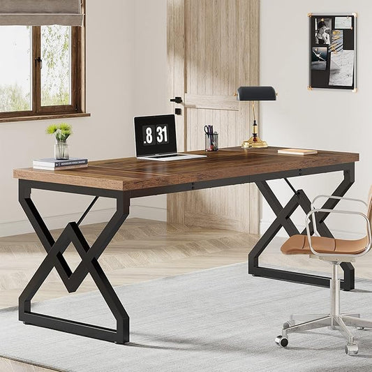 Tribesigns 63-inch Executive Desk, Large Office Computer Desk with Extra Thick Wooden Tabletop and Metal Frame, Modern Simple Workstation Writing Table Study Desk for Home Office, Vintage Brown
