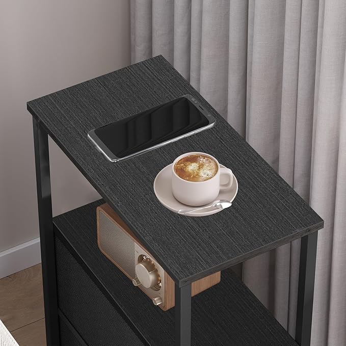 TUTOTAK Small Narrow End Table, Set of 2, Side Table, Nightstand with 2 Cloth Drawers, Couch Table, for Living Room, Bedroom, Bedside, Black TB01BK054