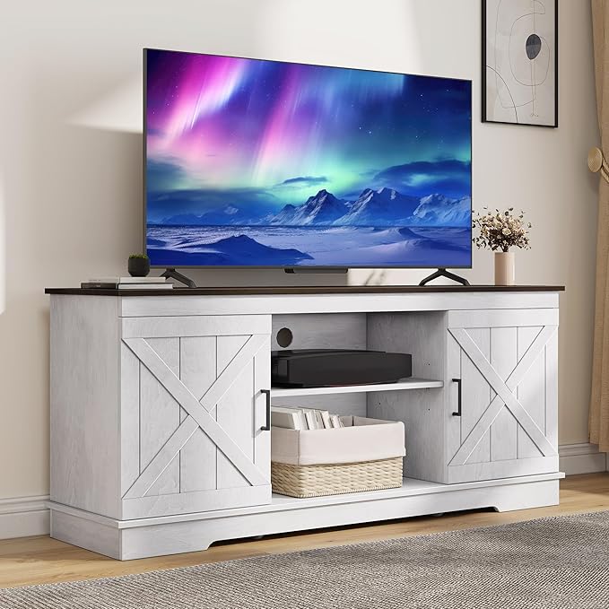 DWVO Farmhouse TV Stands for Living Room, Entertainment Center with Storage, TV Stand for 65 Inch TV with Double Barn Doors & Storage Cabinets, Rustic TV Cabinet Media Console, Espresso & Grey White