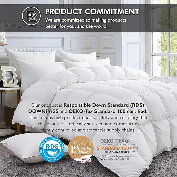Luxurious White Solid Medium Weight, Oversize California King Size Goose Feathers Down Comforter for All-Season, 108 X 98 inches, Premium Baffle Box, 100% Egyptian Cotton Cover, 80 oz. Fill Weight