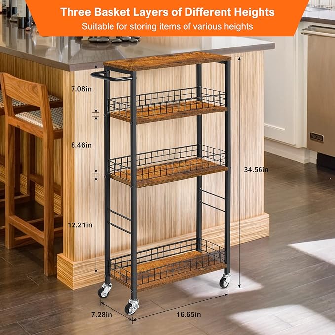 YBING Slim Storage Cart 4 Tier Narrow Kitchen Rolling Cart with Wooden Tabletop Mobile Utility Stand on Wheels for Bathroom Laundry Narrow Places Rustic Brown 16.5''L X 7.3''W X 34.6''H