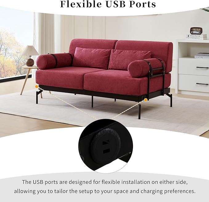 Modern Loveseat Sofa 59" Sofa Couch 2-Seater Sofa with Flexible USB Ports, Unique Cylindrical Armrests for Living Room, Red
