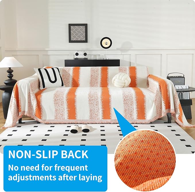 LUFEIJIASHI Boho Couch Covers for Sofa Non Slip Sofa Covers Washable Couch Covers for 3 Cushion Couch Sofa Pet Friendly Sectional Couch Cover Blanket Furniture Protector for Dogs (Orange, 71"x150")