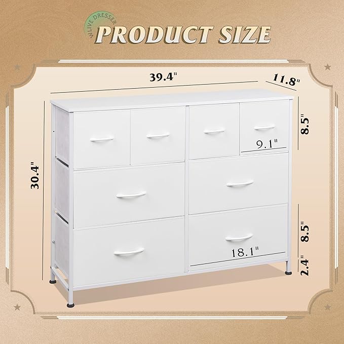 WLIVE Dresser for Bedroom with 8 Drawers, Wide Fabric Dresser for Storage and Organization, Bedroom Dressers, Chest of Drawers for Living Room, Closet, Hallway, White