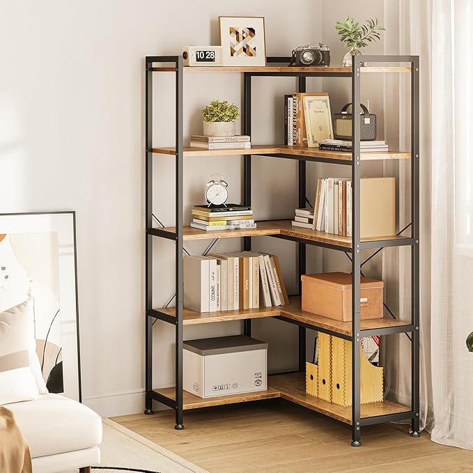 Casaottima Corner Bookshelf 5 Tier, 57 Inches Reversible Book Shelf for Living Room, Industrial Wooden Bookcase with Open Shelves and Metal Frame for Bedroom, Home Office, Kitchen, Rustic Brown