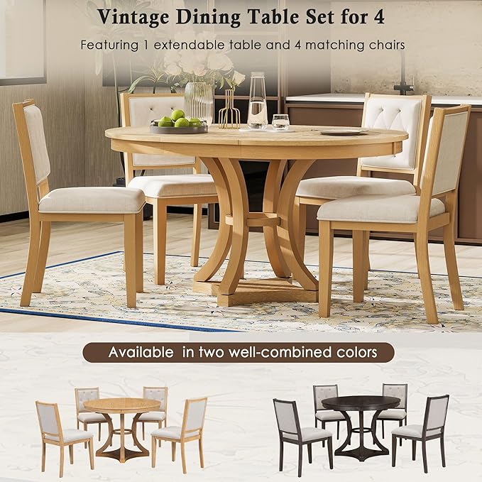 Ball & Cast Retro Dining Table Set for 4 with 4 Upholstered Chairs,5-Piece Wooden Living Room Furniture W/ 42" Round Extendable Kitchen Desk,for Small Space,Apartment,Dining Room,Natural