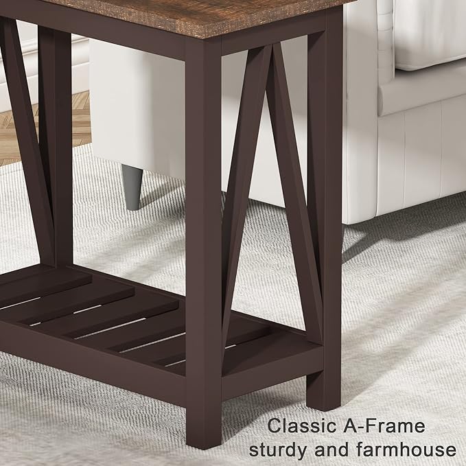 ChooChoo Farmhouse End Table, Rustic Vintage Narrow End Side Table with Storage Shelf for Small Spaces, Nightstand Sofa Table for Living Room, Bedroom Espresso 2 Pack