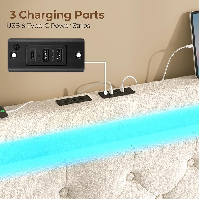 Rolanstar Twin Bed Frame with 4 Storage Drawers and Charging Station,Twin Bed with Led Lights, 2 USB & 1 Type C, Adjustable Headboard 38.9/40.8 Inches, No Box Spring Needed, White