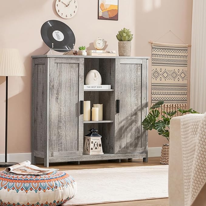 Iwell Storage Cabinet with 2 Doors and 4 Adjustable Shelves, Buffet Cabinet with Storage, Floor Cabinet for Living Room, Entryway, Kitchen, Rustic Gray