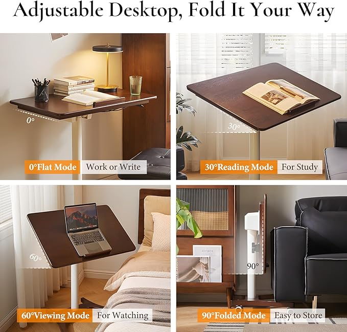 Adjustable Computer Desk, Solid Wood Folding Desk with Wheels, Mobile Home Office Laptop Table, Sit Stand Workstation, Rolling Desk, 28.35-42.52 H x 31.5 W x 19.69 D Inches, Walnut