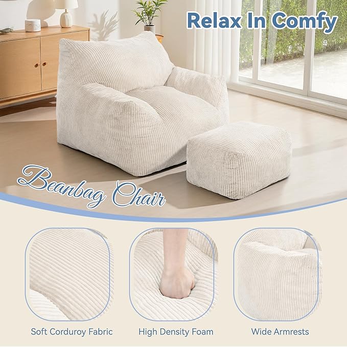 INMOZATA Bean Bag Chair for Adults, 3FT Beanbag Chair with Ottoman Pre-Filled Fluffy Lazy Chair Corded Fabric Accent Chair for Bedroom Living Room Dorm (Ivory)