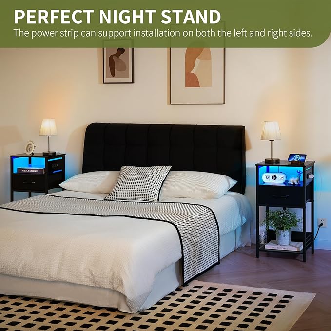 Yoobure Side Table - Night Stand with Charger Station & LED Light, 3 Tier Small End Table Living Room, Bedside Table with Drawer, Record Player Stand with Vinyl Storage, Black Nightstand for Bedroom