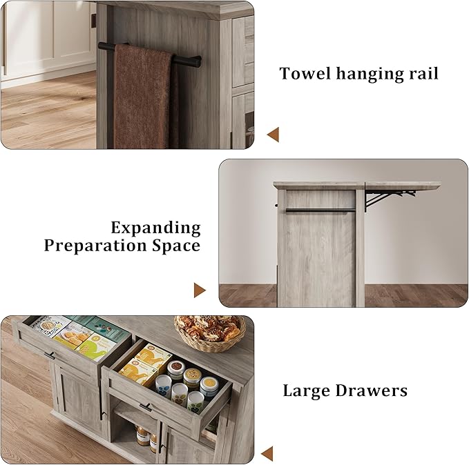 Mobile Modern Storage Island,Rolling Kitchen Island with Drop Leaf - Door Cabinet, Drawer, Bar Cart with Cabinet, Portable Cart Island Table for Kitchen,Grey