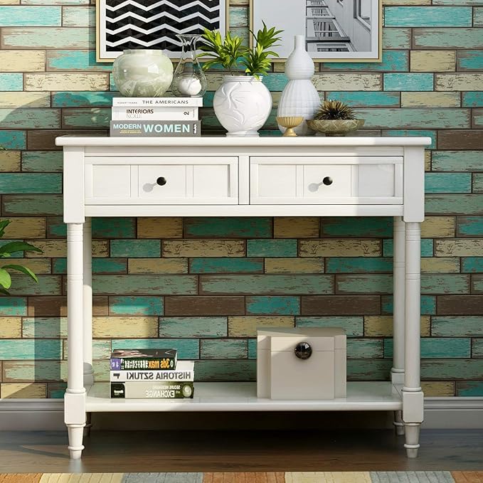 Merax Classic Wood Narrow Console Table with Drawers and Bottom Shelf for Entryway Hallway Front Door Ivory