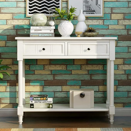 Bellemave Console Table with Drawers, Retro Entryway Table with 2 Drawers and Open Storage Shelf, Narrow Long Sofa Table, Behind Couch Table for Living Room, Foyer and Hallway, Ivory White