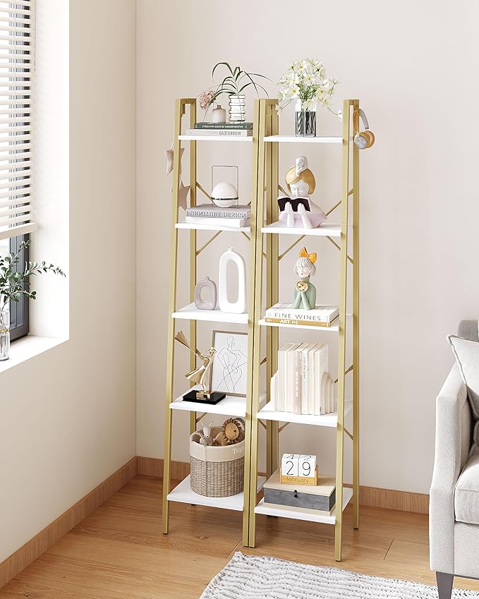 Ladder Shelf, Bookshelf Bookcase, Freestanding Corner Storage Shelve with 2 Hooks for Home Office, Living Room, Kitchen, Bedroom, Industrial, 5-Tier White Gold BC03213G