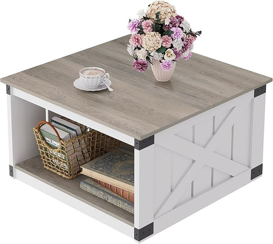 WLIVE Coffee Table, Farmhouse Coffee Table with Open Storage, 31.5" Wood Square Living Room Tables, Rustic Dining Cocktail Center Table for Living Room, Grey & White