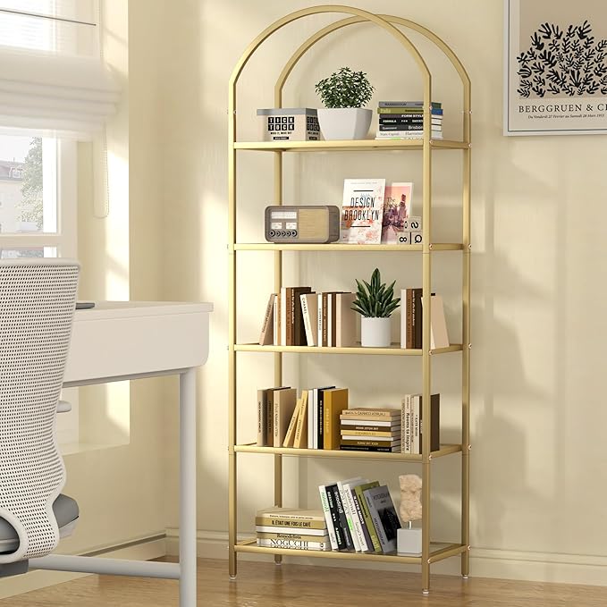 Homhedy Bookshelf Arched Display Racks,Metal Bookcase,Tempered Glass Shelves,Storage Rack Shelf for Home Office,Living Room,Bedroom, Bathroom,Modern Style (Golden, 11.8" D x 23.6" W x 62.2" H)