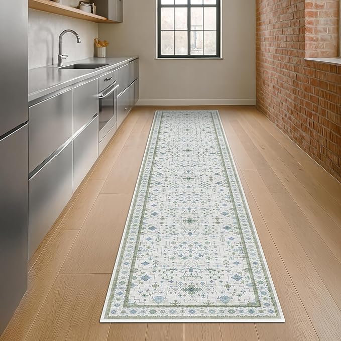 Oushak Runner 2x10 Hallway Rug - Floral Pastel Boho, Washable Low Pile Non Slip Extra Long Runner Rugs for Kitchen, Hall Way - Cream Blue and Green