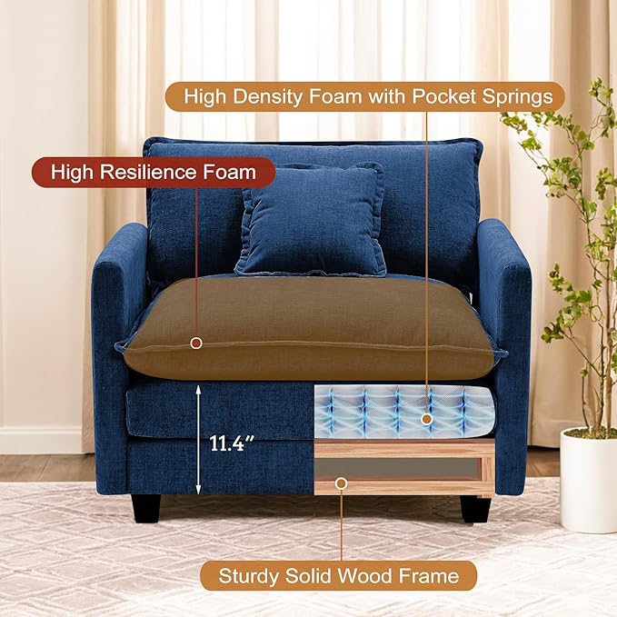 Furniliving Oversized Accent Chair with Ottoman, Luxury Chenille Single Sofa, Upholstered Deep Seat Chaise Lounge with Pillows for Living Room, Bedroom, Apartment, Blue