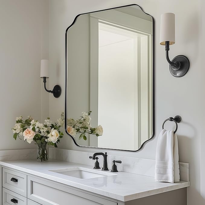 Scalloped Mirror, 24"x32" Black Mirror for Bathroom, Matte Black Mirror with Anti-Rust Metal Frame, Asymmetrical Mirrors with Wavy Edge for Powder Room, Living Room, Foyer, Master Room