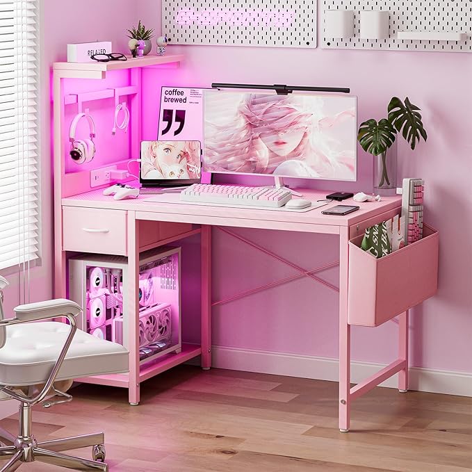 Gaming Desk 47 Inch with Power Outlet and LED Light, Computer Desk with Reversible Shelves and Storage Drawer, Pc Small Workstation for Home Office Table with Bag, Carbon Fiber Pink