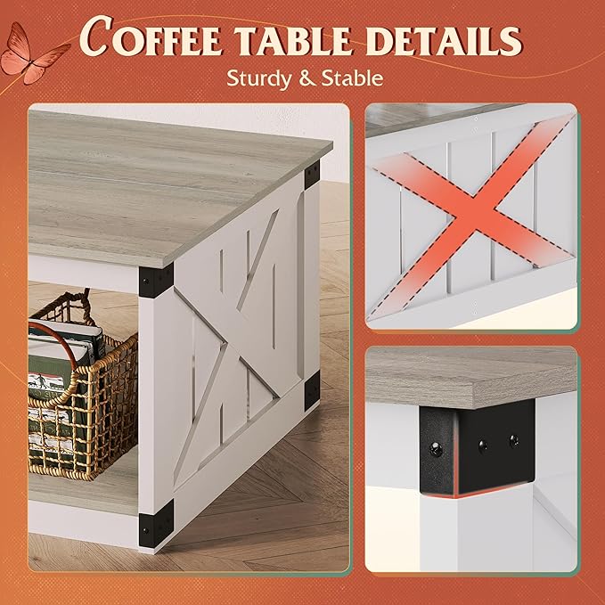 WLIVE Coffee Table, Farmhouse Coffee Table with Open Storage, 31.5" Wood Square Living Room Tables, Rustic Dining Cocktail Center Table for Living Room, Grey & White