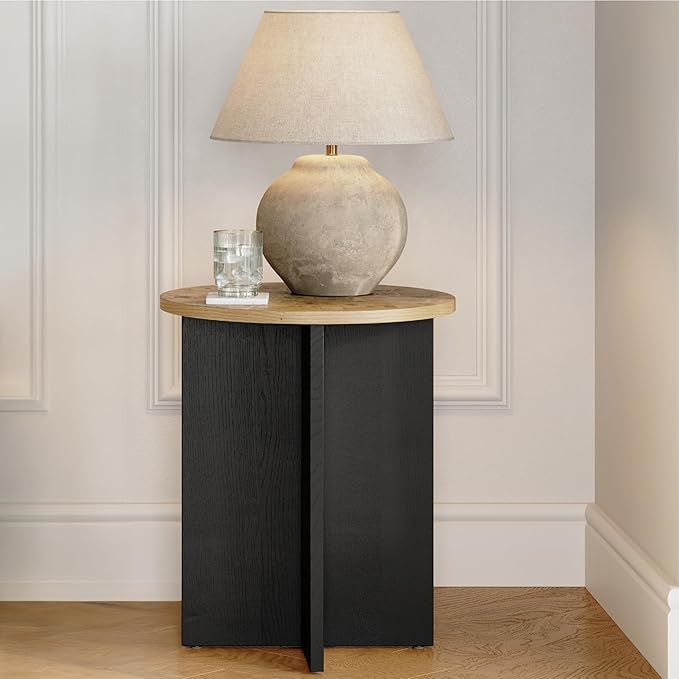 Round Accent Table for Living Room Furniture - 16-Inch Round Top, Burl Wood Veneer & Black Cross Base - Small Side & End Table & Nightstand